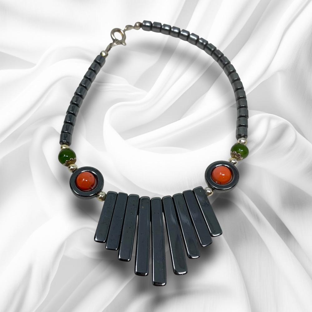 Vintage Y2K Hematite Natural Coral Jade Art Deco Nouveau Bracelet Large 8"